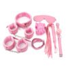 Pink bondage kit with leather cuffs, collar, blindfold, and whip for BDSM roleplay