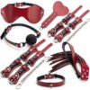 7PCS BDSM bondage kit with PU leather restraints, handcuffs, ankle cuffs, blindfold, ball gag, paddle, and whip