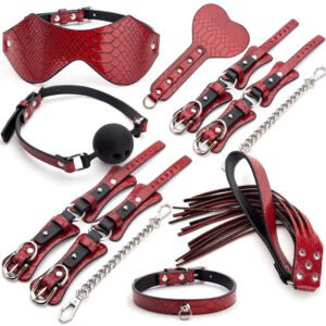 7PCS BDSM bondage kit with PU leather restraints, handcuffs, ankle cuffs, blindfold, ball gag, paddle, and whip