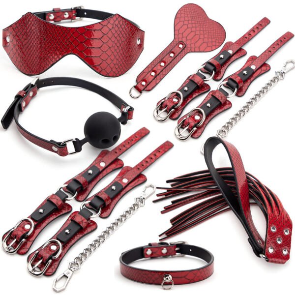 7PCS BDSM bondage kit with PU leather restraints, handcuffs, ankle cuffs, blindfold, ball gag, paddle, and whip