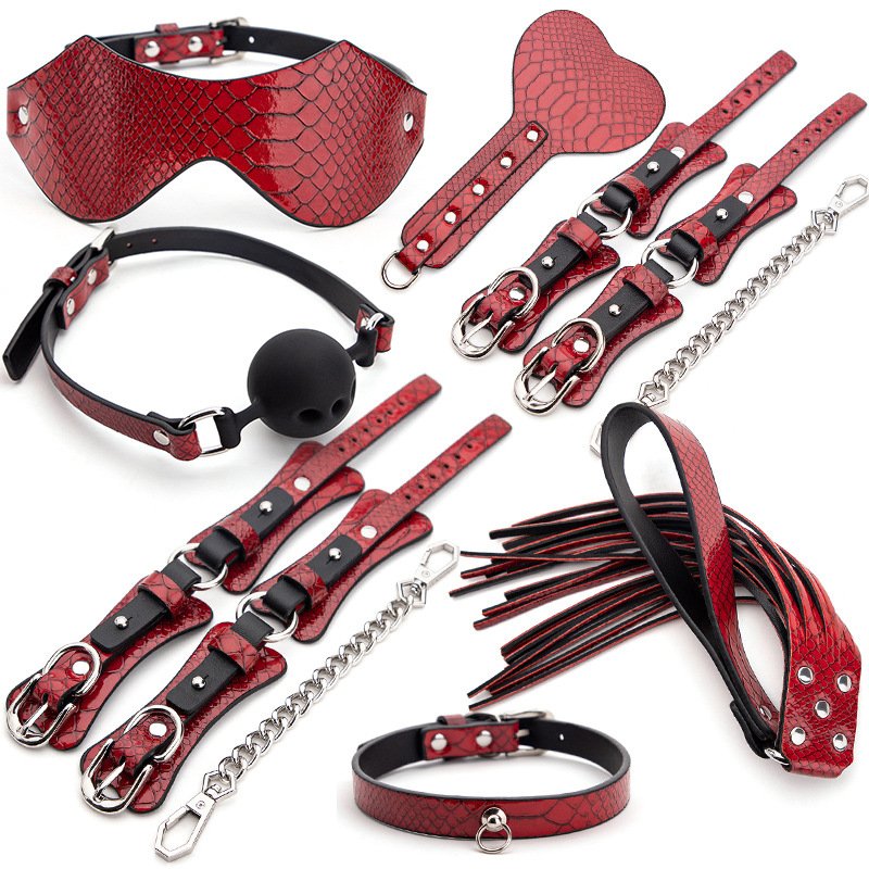 7PCS Bondage Set BDSM Kit Leather Restraints with Handcuffs, Ankle Cuffs & Whip Couples Adult Game Set