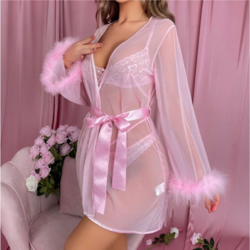 Women’s Sexy Sheer Lace Lingerie Set with Robe – 3 Piece Bralette Sleepwear Set