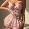 Women’s Sexy Underwire Push-Up Sheer Mesh Bodysuit Lingerie with Bow Accent