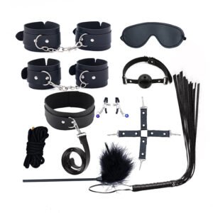 PU leather BDSM restraints set with adjustable wrist cuffs, ankle cuffs, blindfold, ball gag, whip, and role play accessories for couples