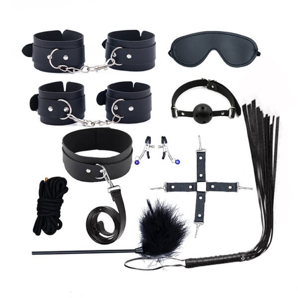 PU leather BDSM restraints set with adjustable wrist cuffs, ankle cuffs, blindfold, ball gag, whip, and role play accessories for couples
