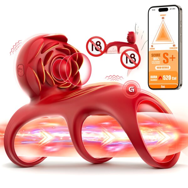 Red couples vibrating ring with remote control and app integration, designed for clitoral stimulation and enhanced pleasure.
