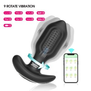 Black app-controlled prostate vibrator with vibrating anal plug for enhanced male G-spot stimulation and perineum pleasure.