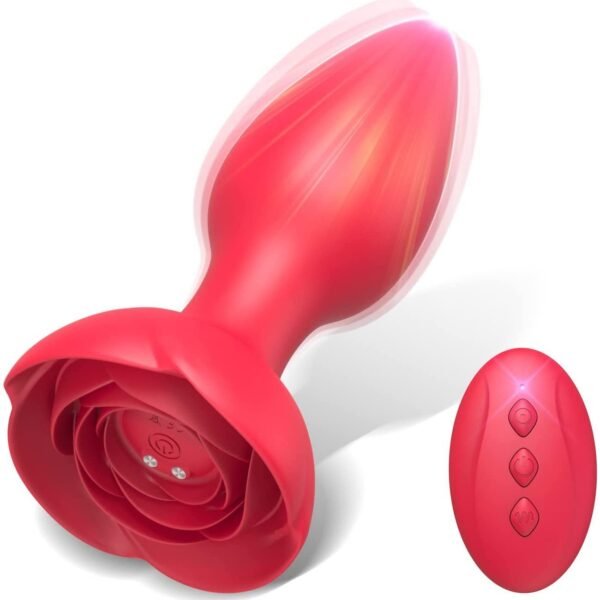 Rose Anal Plug Vibrator with remote control, 10 vibration modes, waterproof, and USB rechargeable for men and women.